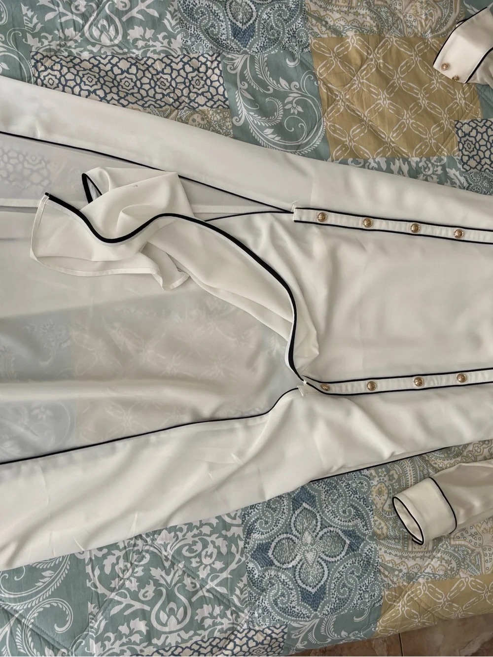 Self-Portrait Cream Long Sleeve Shirt Maxi Dress with Black Piping - Picture 8 of 12